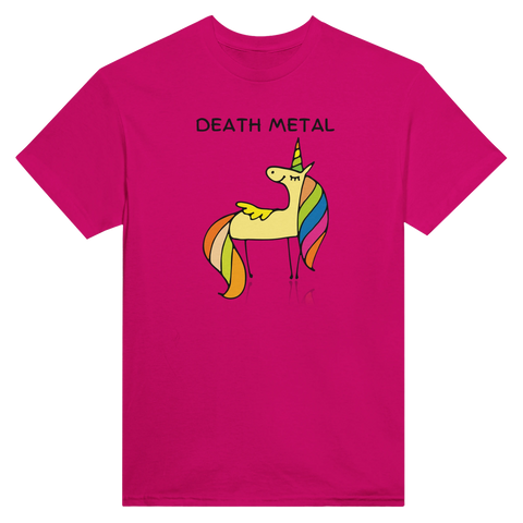 Ironiskt motiv med en söt enhörning och hårdrockstext – cerise t-shirt