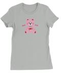 Tecknad rosa nallebjörn med blå fluga och "I ♥ U" på ljusgrå dam-t-shirt.