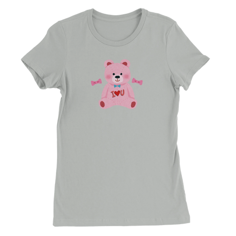 Tecknad rosa nallebjörn med blå fluga och "I ♥ U" på ljusgrå dam-t-shirt.