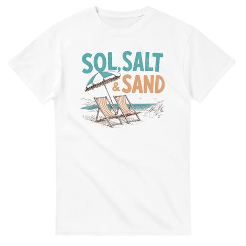 Retro strandmotiv med solstolar och parasoll – grafisk t-shirt med sommarkänsla