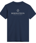 Marinblå figursydd t-shirt med vit Bernsteen logotyp och nordisk text