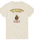 Grafiskt tryck med humoristisk gåta och illustrerad karaktär – Shirty t-shirt