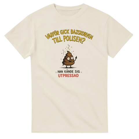 Grafiskt tryck med humoristisk gåta och illustrerad karaktär – Shirty t-shirt