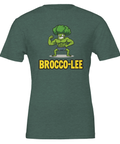 Humoristisk illustration av muskulös broccoli tryckt på mörkgrön melerad t-shirt
