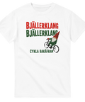 Grafiskt jultryck med texten Bjällerklang cykla bakåfram på vit t-shirt