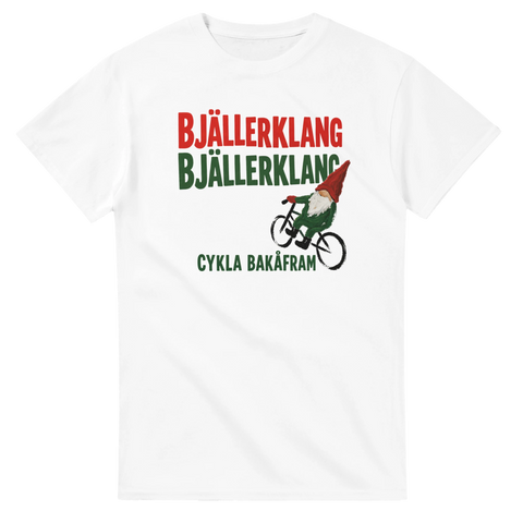 Grafiskt jultryck med texten Bjällerklang cykla bakåfram på vit t-shirt