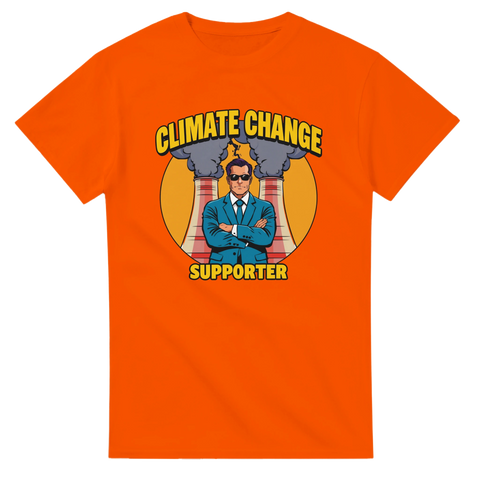 Climate Change Supporter" pop-art tryck med man, kyltorn, rök på orange t-shirt.