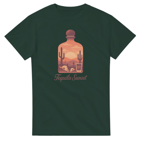 Mörkgrön t-shirt med vintage tequila-tryck och grafiska dödskallar