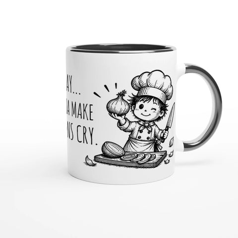 Mugg med texten One day I'm gonna make the onions cry, lök och en tecknad kock.