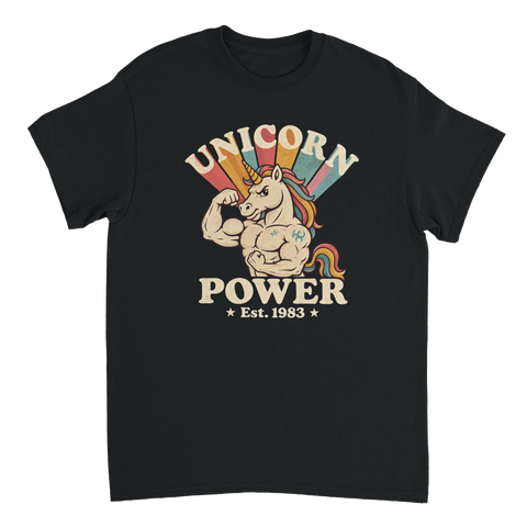 T-shirt med muskulös enhörning och texten Unicorn Power