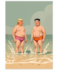Trump och Kim Jong-un på stranden i badbyxor – satirisk retroposter