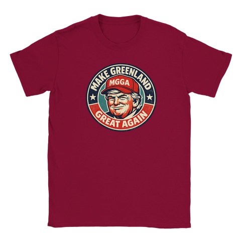 Satirisk "Make Greenland Great Again" Trump-parodi på rödbrun t-shirt.