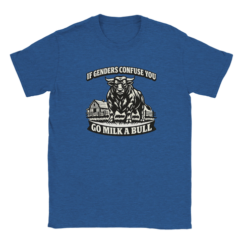 T-shirt med spetsig humor och vintage-illustration av en tjur i blått
