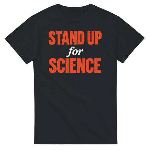 Svart t-shirt med texten Stand Up for Science i rött och vitt.