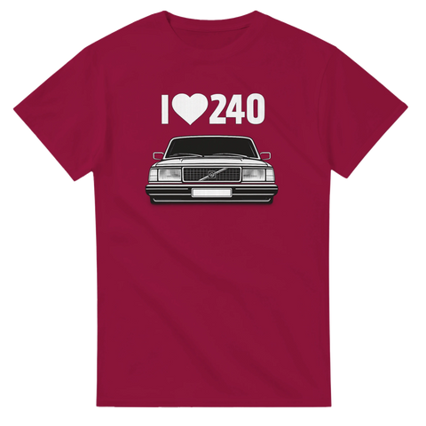 Stilrent tryck av klassisk 240-grill på en hallonröd t-shirt