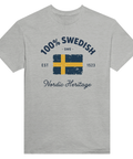 Svenskt flaggmotiv i retrostil med texten 100% Swedish på grå t-shirt
