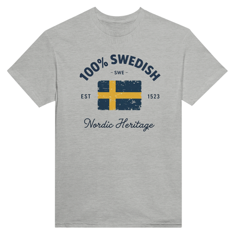 Svenskt flaggmotiv i retrostil med texten 100% Swedish på grå t-shirt