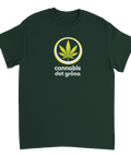 Stilren design med grönt blad och texten cannabis det gröna på mörk bakgrund