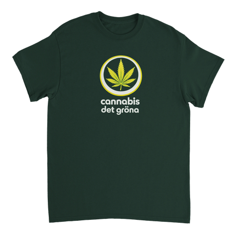 Stilren design med grönt blad och texten cannabis det gröna på mörk bakgrund