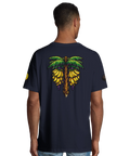 Tecknad bananpalm med gula bananklasar på marinblå oversized ekologisk t-shirt.