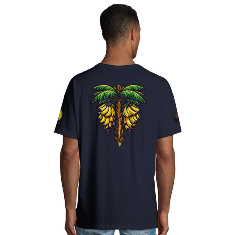 Tecknad bananpalm med gula bananklasar på marinblå oversized ekologisk t-shirt.
