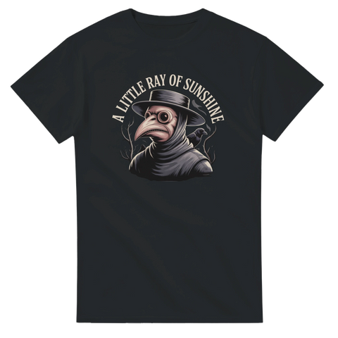 Grafisk illustration av en pestdoktor med korp – ironisk t-shirt i mörk stil