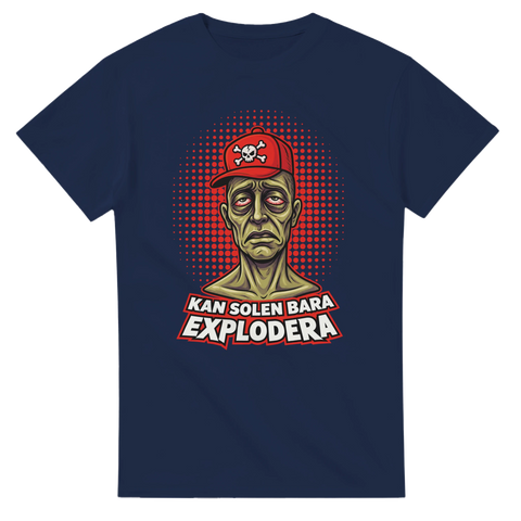 Meme-inspirerat tryck med texten Kan solen bara explodera – marinblå t-shirt