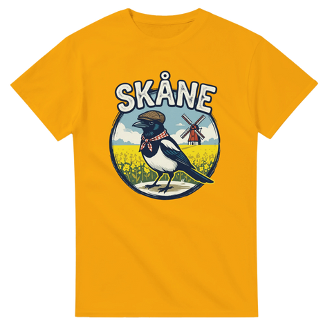 Retro motiv med skånsk skata och vindmölla – gul t-shirt