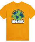 Gul t-shirt med provokativt och skämtsamt tryck av planeten jorden