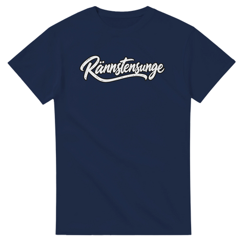 Vintage citat-tryck Rännstensunge i vit skrivstil på marinblå t-shirt