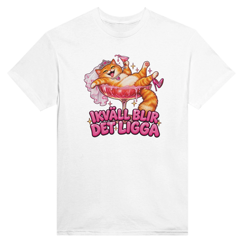 T-shirt med en katt i ett cocktailglas och texten Ikväll blir det ligga
