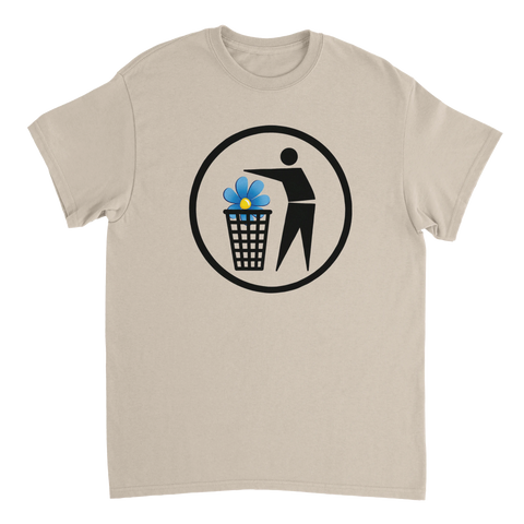 Minimalistisk symbol för källsortering av politiska partier på beige t-shirt