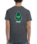 Gråmelerad t-shirt med ironiskt statement-tryck och detaljer på ärmarna