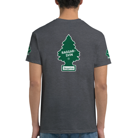 Gråmelerad t-shirt med ironiskt statement-tryck och detaljer på ärmarna