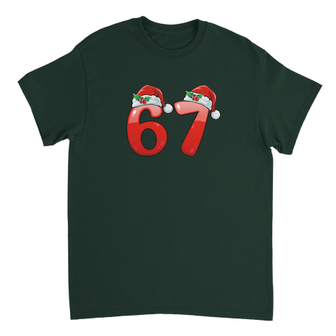 Humoristiskt julmotiv med siffran 67 och tomteluvor – mörkgrön t-shirt