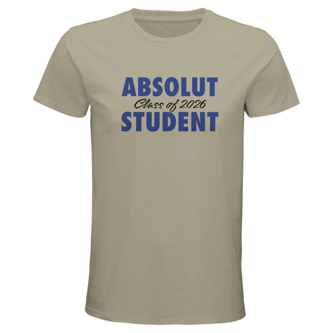 Absolut Student 2026 tryck i blått på beige herr t-shirt.