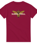Mörkröd t-shirt med humla och norskt ord surre-troll