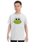 Kermit-ansikte med stora ögon och leende på gråmelerad barn-t-shirt.