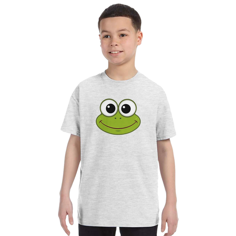 Kermit-ansikte med stora ögon och leende på gråmelerad barn-t-shirt.