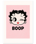 Blinkande cartoon-karaktär på rosa bakgrund med texten Boop – retro pop art poster