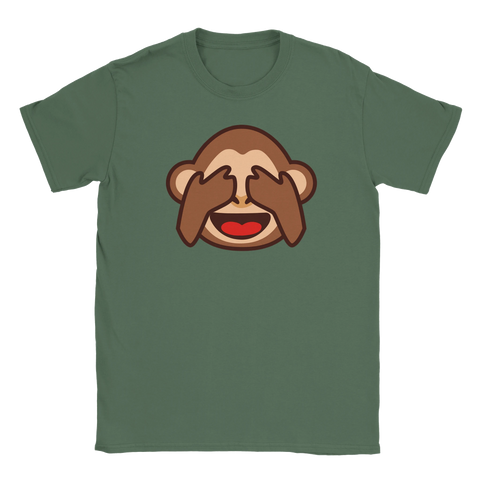 Apan som håller för ögonen emoji på mörkgrön t-shirt.