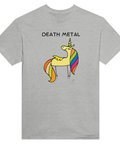 Humoristisk Death Metal-enhörning med regnbågsman på grå t-shirt.
