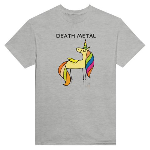 Humoristisk Death Metal-enhörning med regnbågsman på grå t-shirt.