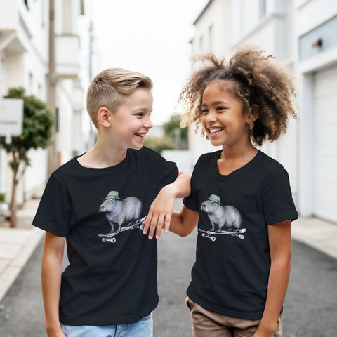 Modell i en svart barn-t-shirt med en kapybara i grön mössa på skateboard.