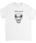 Humoristiskt tryck med en struts och texten Bird Nerd på vit bas