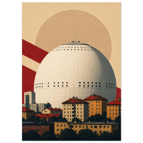 Vintage-inspirerad Stockholmstavla med Globen och stadens arkitektur i fokus