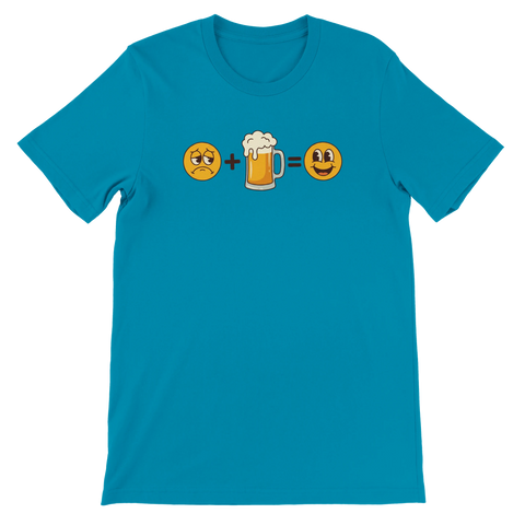 Turkos t-shirt med smileys och en ölsejdel som bildar en ekvation.
