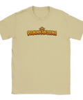 Detaljbild av trycket på en beige t-shirt för herrar.