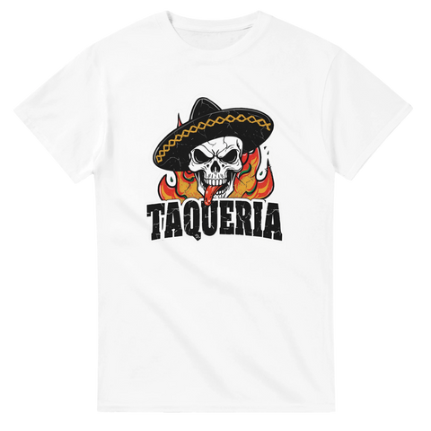 Taco-design med texten "Taqueria" på t-shirt