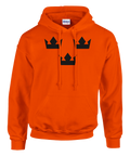 Tre svarta kronor i stilren design på en orange hoodie